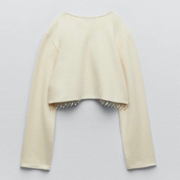 Zara Soft Ribbed Fuzzy Cropped Sweatshirt Top with Hanging Rhinestone Detail - Picture 5 of 15